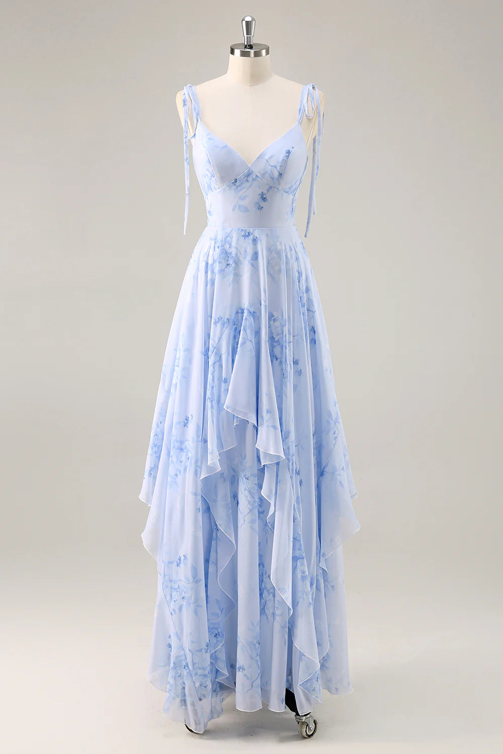 A-Line Spaghetti Straps Long Blue Floral Bridesmaid Dress with Ruffles